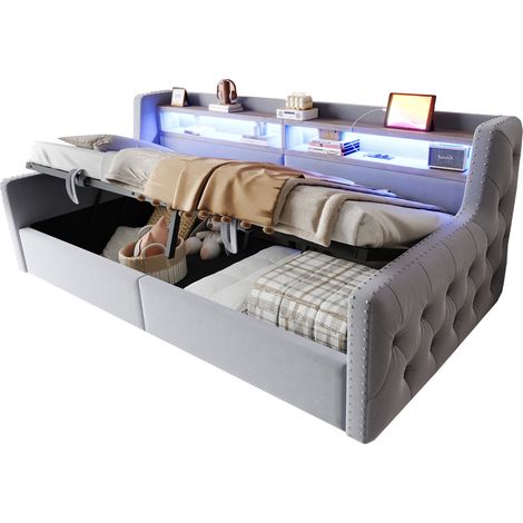Lit capitonné canapé-lit 90x200 cm, coffre hydraulique, dossier et accoudoirs épais, LED, étagère, prise USB, sommier, gris clair, sans matelas, gain de place (1/5)