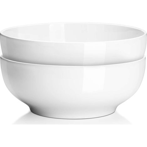 Saladiers 2700ml, ø 24cm Grand Bol à Soupe en Céramique, Bol de Service Blanc pour Déjeuner Ragoûts Pates Nouilles Pho Fruits Céréales, Passé au Micro ondes, Lot de 2 (1/5)