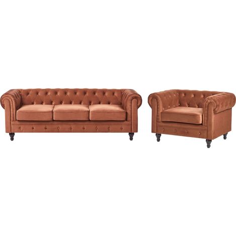 Chesterfield Living Room Set Golden Brown Velvet Upholstery Black Legs 3 Seater Sofa + Armchair CHESTERFIELD (1/5)