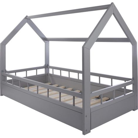 Cama de madera - Cama casita - Cama casita - cuna - 160x80 - gris - con barrera