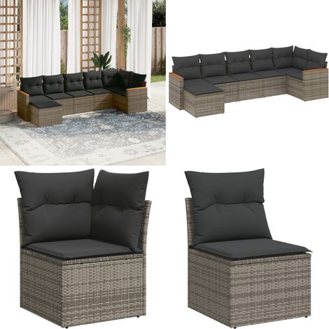 7-tlg. Garten-Sofagarnitur mit Kissen Grau Poly Rattan - Gartenmöbel - Sofasatz - Outdoor-Lounge - Rattanmöbel - PE-Rattan - Home & Living (1/5)