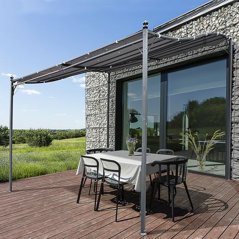 Pergola tonnelle de jardin auvent 3 x 3 m adossable métal gris polyester imperméabilisé anti-UV gris