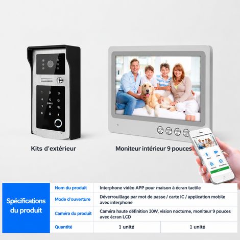 Visiophone filaire écran 9 pouces avec unité extérieure, empreinte semi-conducteur, carte IC et fonction APP 9 app 1 × 1 × 1 cm 300 g – Livraison gratuite