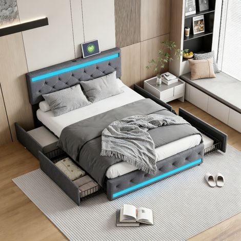 Lit Double 160x200 en Lin avec 4 Tiroirs de Rangement LED RGB USB Cadre à Lattes pour Adulte Chambre à Coucher Petite Pièce Gris