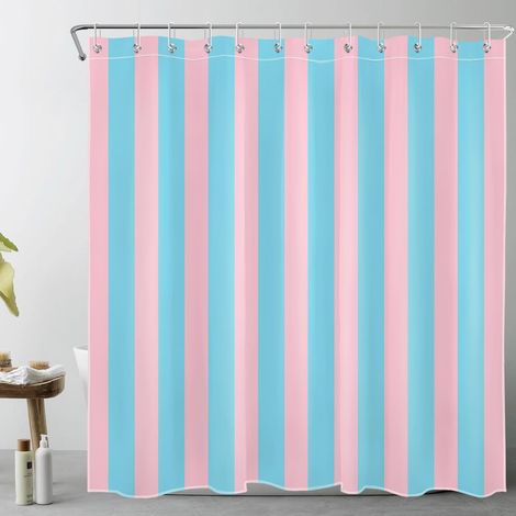 Rayures Bleues et Roses Rideaux de Douche 180x200cm Art Abstrait Rideaux de Bain avec Crochets,Moderne Extra Longue Imperméable Polyester Anti Moule Salle de Bain Décor (1/5)
