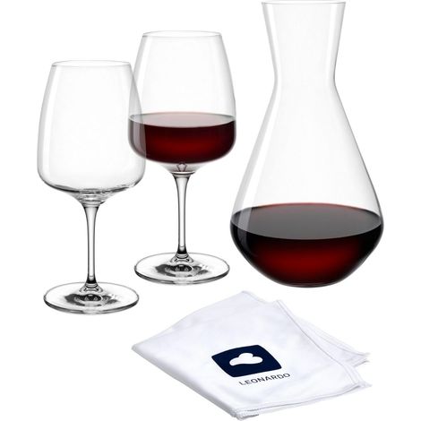 Lot de 3 verres à vin avec chiffon de polissage - Passe au lave-vaisselle - Set de vin rouge résistant aux chocs - Verres à vin à style bas (500 ml) - Carafe en verre de (1/5)
