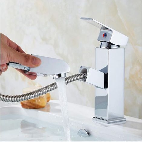 Grifo de baño con cabezal rociador extraíble, grifo de lavabo tipo cascada cromado (1/4)
