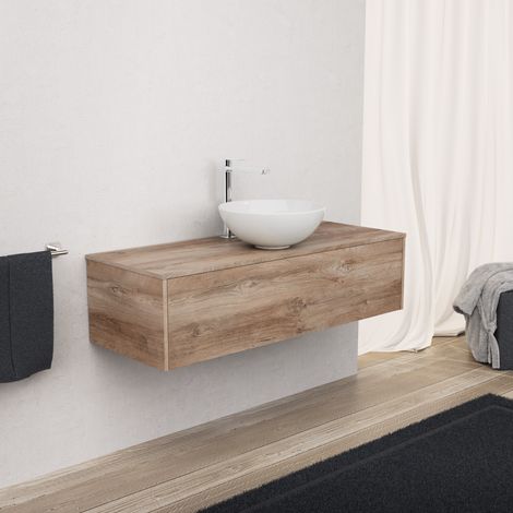 Inda - Badezimmerschrank mit 1 Schublade, L. 120, mit Aufsatzwaschbecken / Natureiche – Diamante