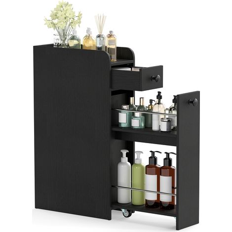 Petit Meuble Salle de Bain avec Tiroirs, Meuble Rangement Étroit pour Papier Toilette, Armoire de Toilette pour Petit Espace, 18 x 40 x 70 cm, Noir