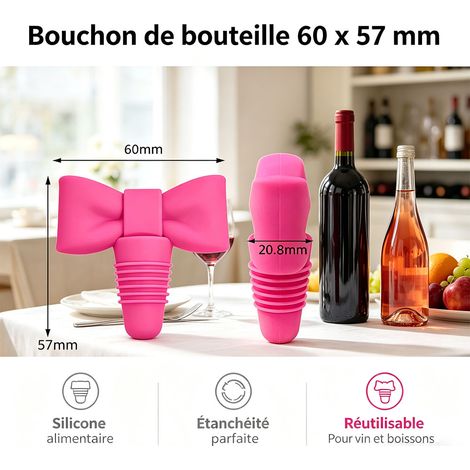 Bouchon de vin réutilisable en silicone avec fermeture en forme de nœud pour une étanchéité parfaite accessoire de bar et de cuisine 60 x 57 mm - Rouge rose (1/5)