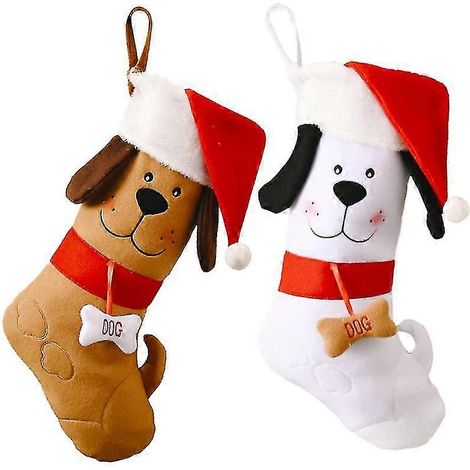 Lot de 2 bas de Noël en peluche à suspendre au sapin, remplis de bonbons et de friandises.