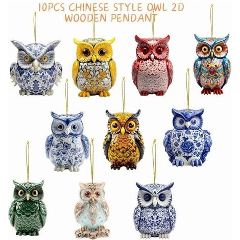 Owl - Bois Naturel - Décoration Arbre De Noël - Emballage Cadeau - Lot De 10 Pièces (1/5)