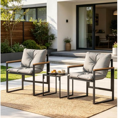 3-teiliges Gartenmöbel-Set mit Tisch aus gehärtetem Glas und 2 Sesseln in Schwarz/Grau (1/5)