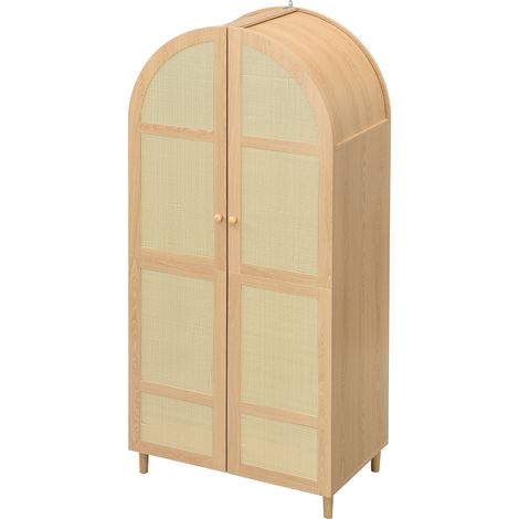 Armoire avec Penderie, Étagères et Tiroirs, Portes en Rotin, pour Chambre ou Entrée, en MDF, 80×50×179 cm, Naturel (1/5)