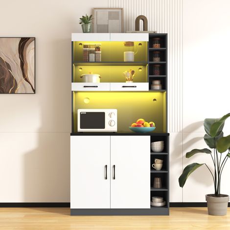 Credenza da cucina in legno, illuminazione a LED, fori per cavi, ripiani regolabili, grande capacità, 100 x 47 x 187 cm, bianco e grigio scuro