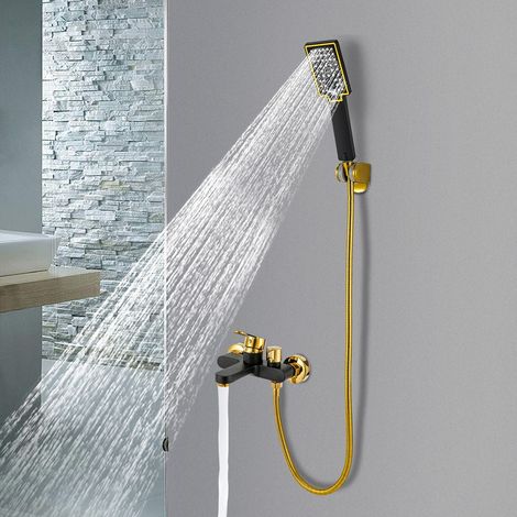 Mitigeur de salle de bain avec douchette à main, installation murale, ensemble de douche, pomme de douche noire et dorée. (1/5)