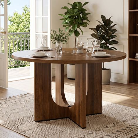 Table a manger ronde 120x120 cm pour 4-6 personnes design scandinave pour salle a manger MDF noyer-pied creux ajouré