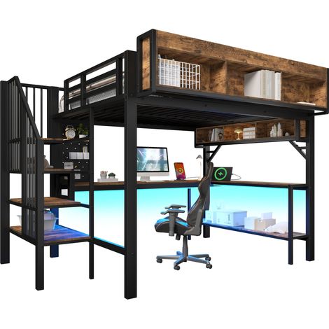 Lit Mezzanine 140×200cm Vintage Brun/Noir Bureau Coin, Prises USB-C, LED 60000 Couleurs, Rangements, Certifié EN747