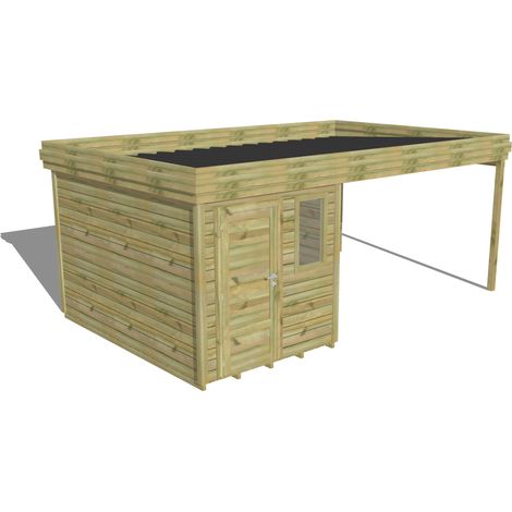 ABRI DE JARDIN bois Pin autoclave 27mm - 5,64x3,44m / 19,4m2 - Bac acier - Plancher bois (1/5)