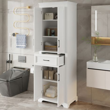 OKWISH Badezimmer-Hochschrank 60 x 40 x 180 cm, weißes MDF, Schublade und Doppeltüren (1/5)