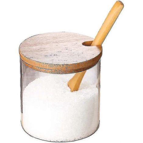 Bocaux à épices en verre transparent avec couvercle en bambou naturel, cuillère et support (1/4)