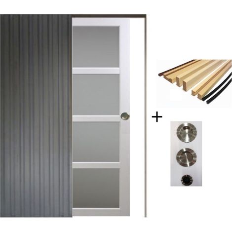Porte Coulissante Tana Blanc Vitrée H204 X L93 Cm, Galandage, Kit Finition (coquille Et Tire Doigt) Gd Menuiseries