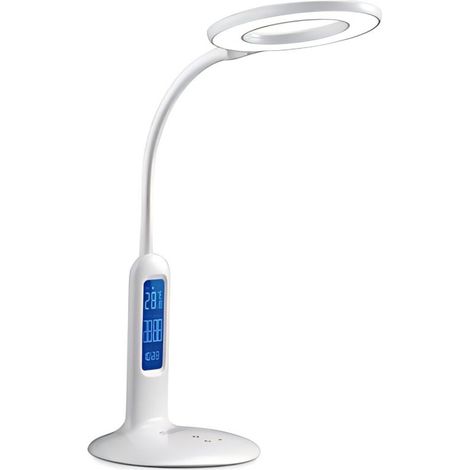 Lampe de Table LED Multifonction Blanche 7W CCT 2700 à 6500K Équipée d'Affichage Horloge et Température Pratique Bureau Maison