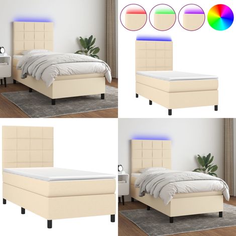 Cama box spring colchón y luces LED tela color crema 90x190 cm - Cama con cabecero ajustable - Colchón con luz LED
