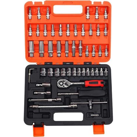 Este juego de herramientas manuales de 53 piezas viene con una caja de almacenamiento de plástico y es adecuado para reparaciones de automóviles y del hogar. (1/5)
