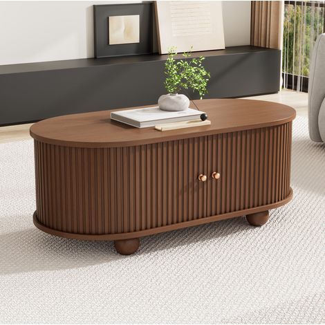 Tavolino da salotto 100x50x40 cm color noce con vano e ante scorrevoli, MDF, MEUBLIV (1/5)