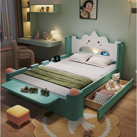 Gepolstertes Kinderbett 140x200 cm mit LED-Lampe, USB, Schublade, Klapptisch, blaugrün HAVRYA (1/5)