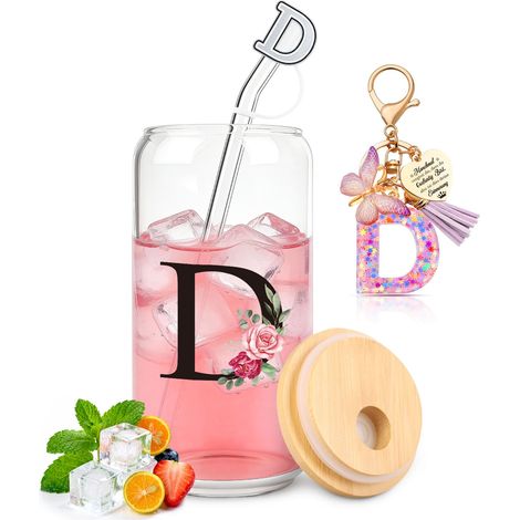 Tasse en verre avec lettre D avec couvercle et paille, cadeaux personnalisés pour les femmes, pour un anniversaire, Noël, la Saint-Valentin (1/5)