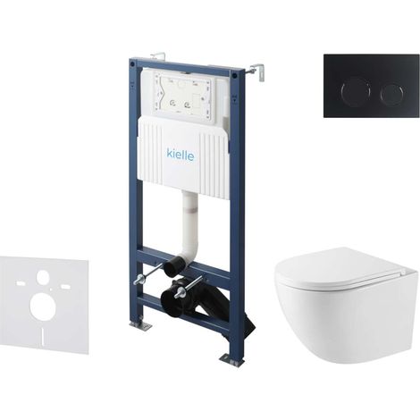 kielle Genesis New - Conjunto de instalación empotrada, inodoro compacto Oudee, Vortex Rimless+, asiento softclose y pulsador Gemini New II, negro mate 30528SS42