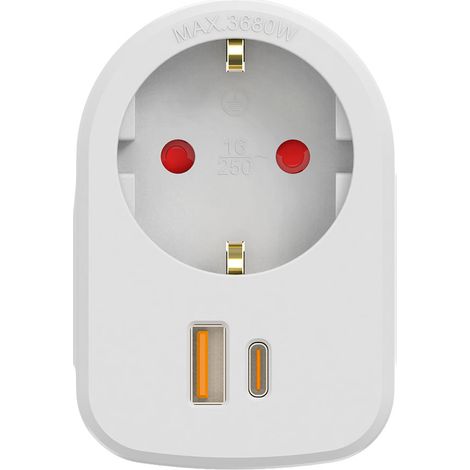 Adapter Combi 30 W USB A + C + 1 Schuko-Steckdose, 16 A 250 V, Weiß