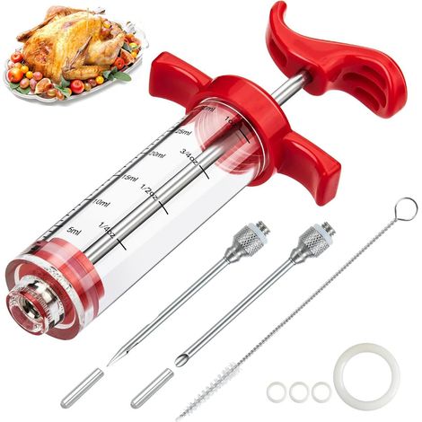 2 siringhe per carne, kit di iniezione di marinata in plastica da 30 ml per tacchino, 4 aghi per marinata per barbecue