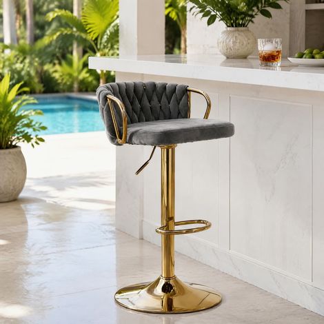 Sedia bar girevole regolabile in velluto grigio OKMYHOME (1/5)
