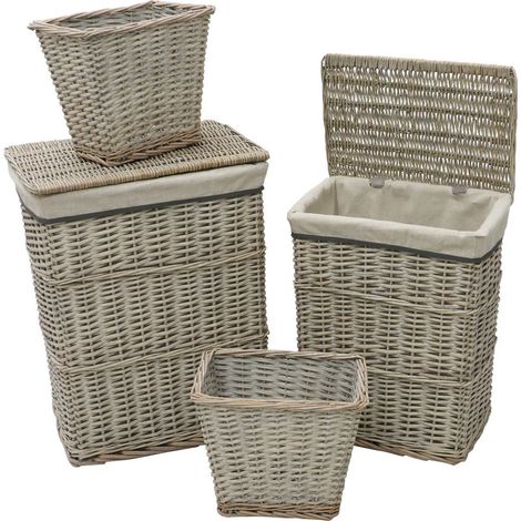 Arianna Set of 2 Rectangular Laundry Willow Baskets with 2 Waste Paper Baskets, Grey Wash (1/4)