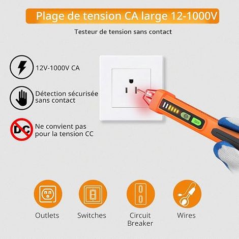 Détecteur de Tension Sans Contact NCV 12-1000V Testeur de tension AC avec détection phase/neutre, alarme LED et buzzer, lampe intégrée pour (1/4)
