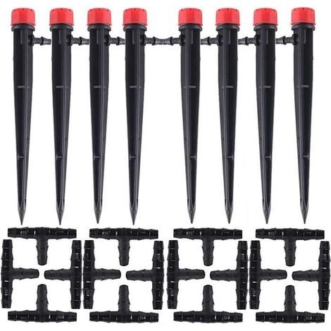 100 Adjustable Drip Irrigation Emitters with Support Stakes + T-Connector Kit for Micro Drip Irrigation System (1/4)