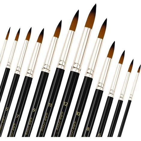 12-teiliges professionelles Acrylfarben-Pinselset aus Nylon, Künstlerpinselset für Aquarell-, Gouache- und Ölmalerei, Kunstpinsel: Rund, Spitz, Katzenzunge, Oval, Waschbar (Schwarz) (1/5)