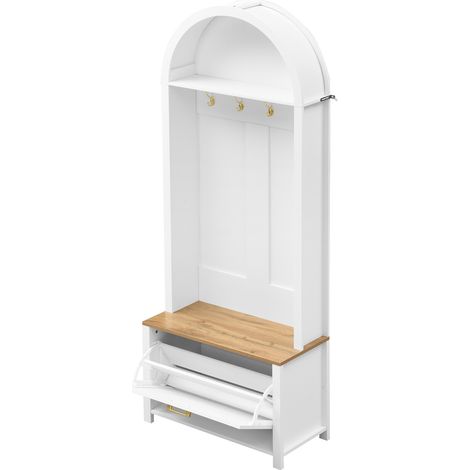 Perchero de entrada con zapatero y estante, MDF, 75 x 35 x 195 cm, blanco y madera (1/5)