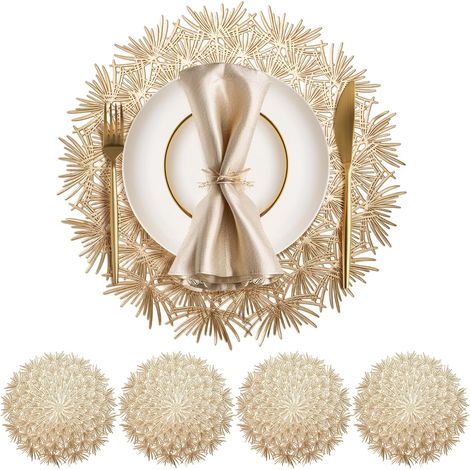 Lntyq Rundes Tischset, 4er-Set, abwaschbares Tischset, 38 cm, Tischuntersetzer zur Wärmeisolierung des Tellers und Tischdekoration, Gold (1/5)