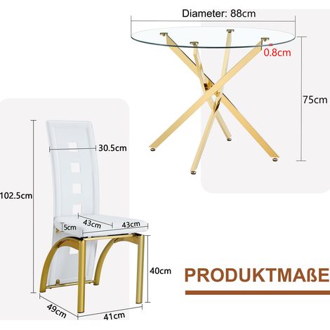 Runder Esstisch 88 cm aus Klarglas mit 4 weißen Stühlen, platzsparend – MEUBLIV (1/5)