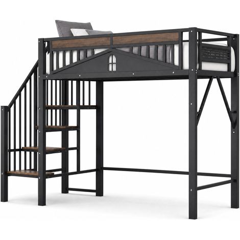 Lit mezzanine 90 x 200 cm en métal et bois, avec échelle de sécurité, garde-corps à fenêtre, espace de rangement dessous, noir - CHICFURN (1/5)