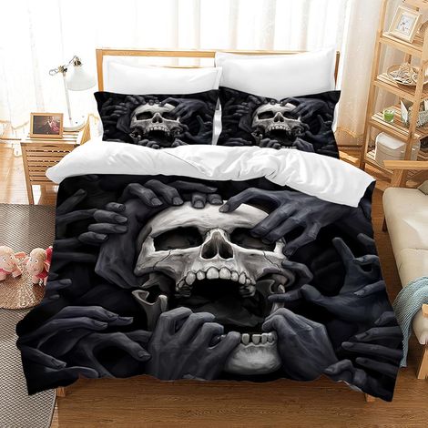 Tête de Mort Housse de Couette,Parure de lit Motif crâne Gothique avec 2 taies d'oreiller 50 x 75 cm,3D Skull Microfibre Housse De Couette avec Fermeture Éclair (03, 135 x 200cm) (1/5)