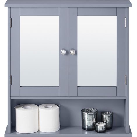 Yaheetech Armadietto Mobiletto Pensile da Bgano a Parete con Specchio Mobile Bagno Salvaspazio Sospeso con 2 Ante 56 × 13 × 58 cm Grigio (1/5)