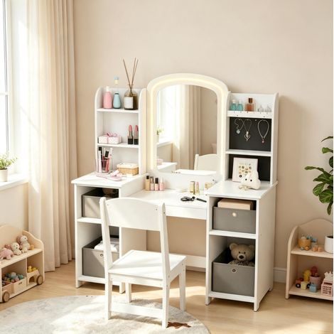 Coiffeuse enfant avec tabouret et miroir LED, MDF blanc, 104 x 40 x 112 cm (1/5)