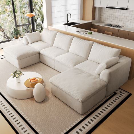 Canapé U 6 places 310x155x83 cm en tissu lin beige blanc, mousse souple pour salon – MEUBLIV (1/5)