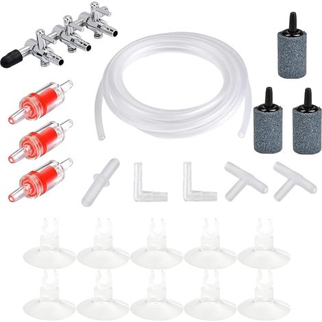 Ensemble d'accessoires pour pompe à air d'aquarium comprenant un tuyau de tuyau d'air de 5 m, des distributeurs de valve d'air à 3 voies, 3 clapets anti-retour, 3 pierres à air, 10 ventouses et (1/5)