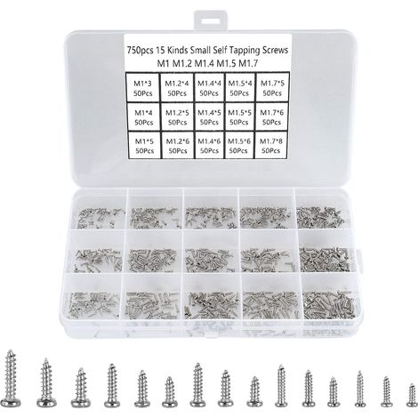 750 Pièces Petites Vis Cruciformes à Tête Ronde,Mini Vis Autotaraudeuse 15 Types M1 M1,2 M1,4 M1,5 M1,7 Nickel - Micro Vis de Réparation électronique, pour Téléphones Lunettes Montre. (1/5)